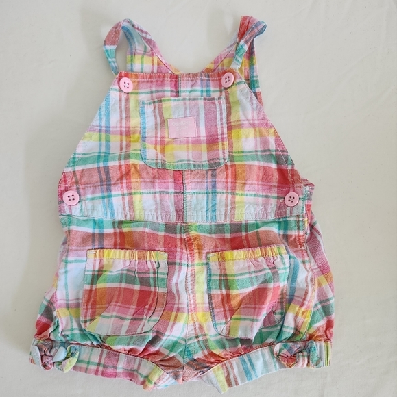 Vintage Oshkosh Infant Girl Pink Plaid Romper Shortall 18 Months Button Straps - Picture 1 of 5